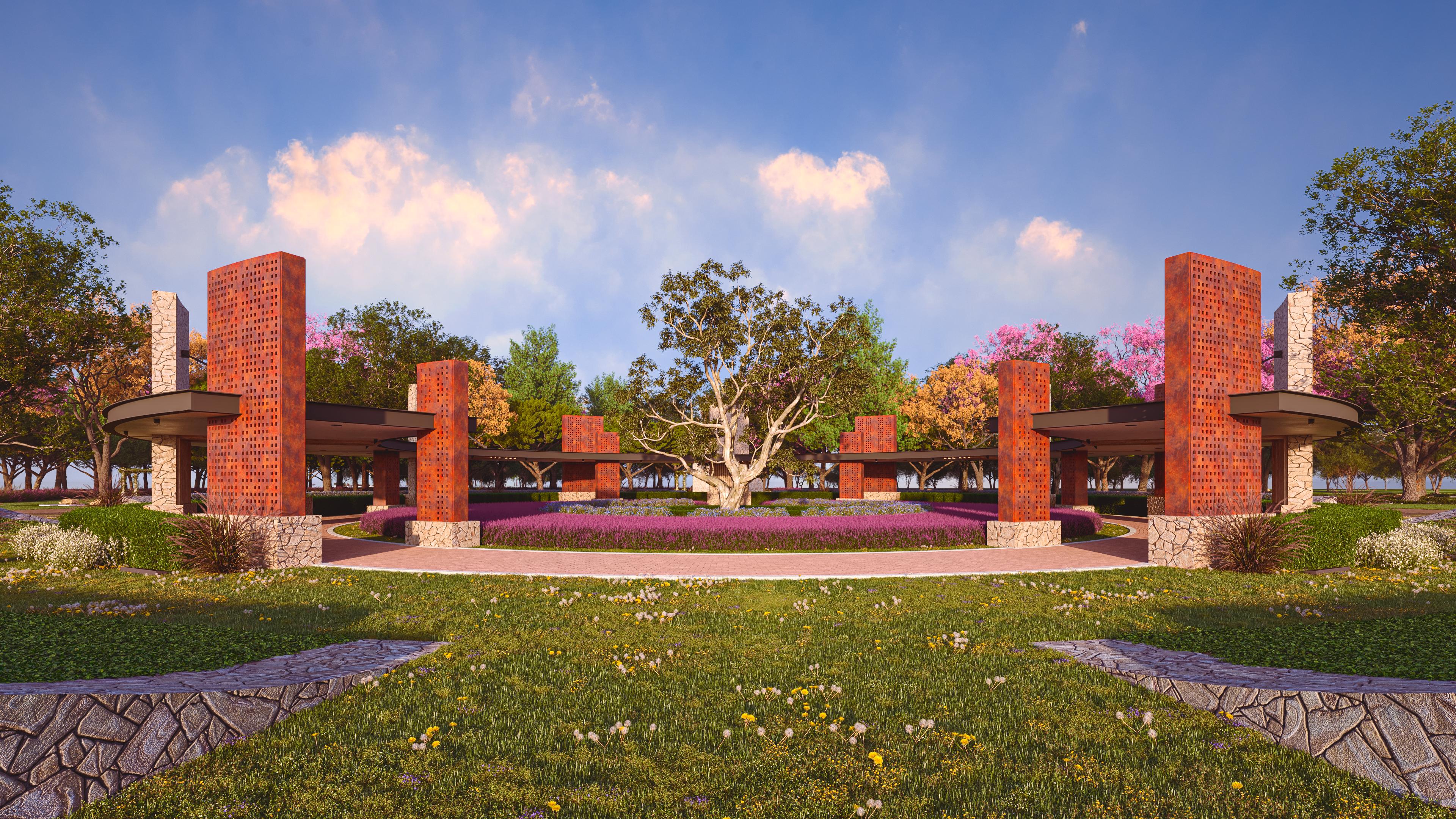 Plaza con un árbol central, jardines y pabellones con columnas de ladrillo y piedra.