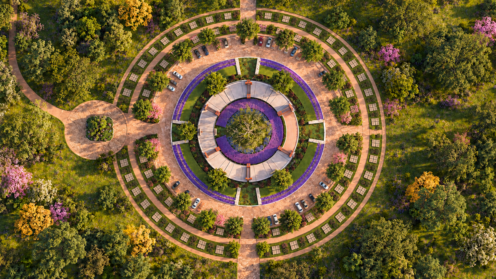 Vista aérea del centro ceremonial circular con un árbol central, pabellones, jardines y dos hileras curvas de nichos cuádruples.